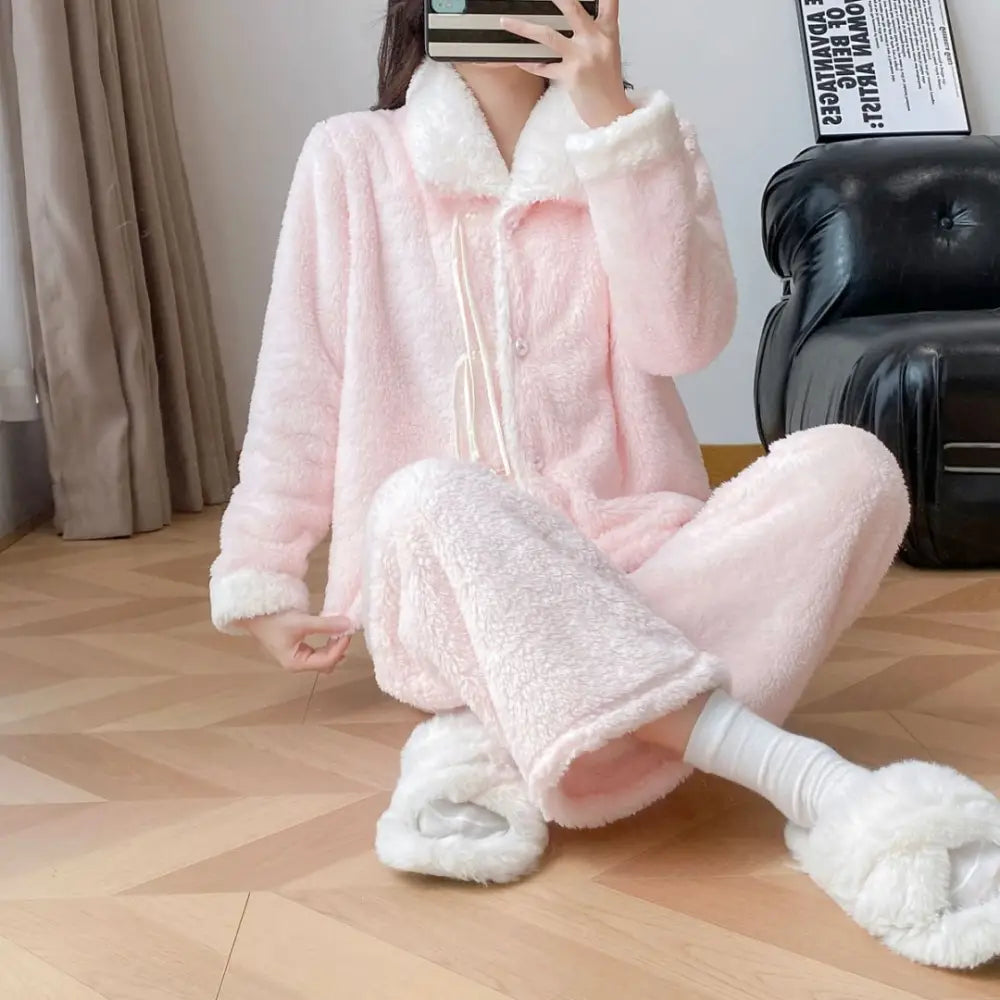 秋冬用 コーラルフリース パジャマ レディース 裏起毛 ダブルフェイス ガウン 保温 ルームウェア セット ID3599 ピンク / M