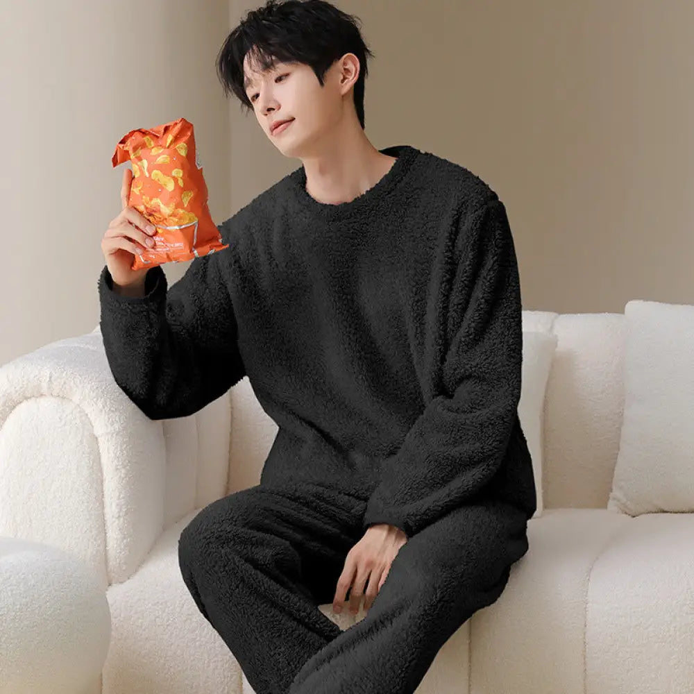秋冬用 メンズ コーラルフリース 保温 厚手 フリース カジュアル セットアップ ロングパイル メンズ ルームウェア ID3507 ブラック / L