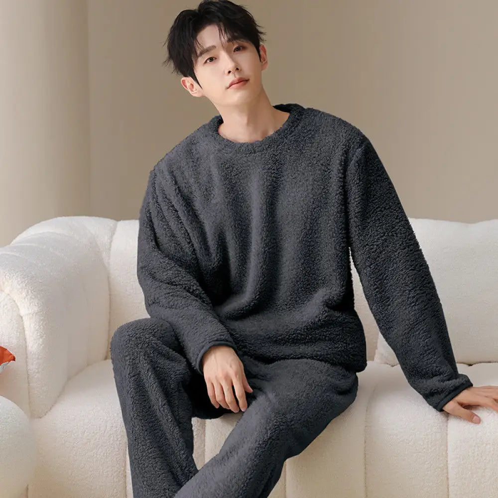 秋冬用 メンズ コーラルフリース 保温 厚手 フリース カジュアル セットアップ ロングパイル メンズ ルームウェア ID3507 ダークグレー / L