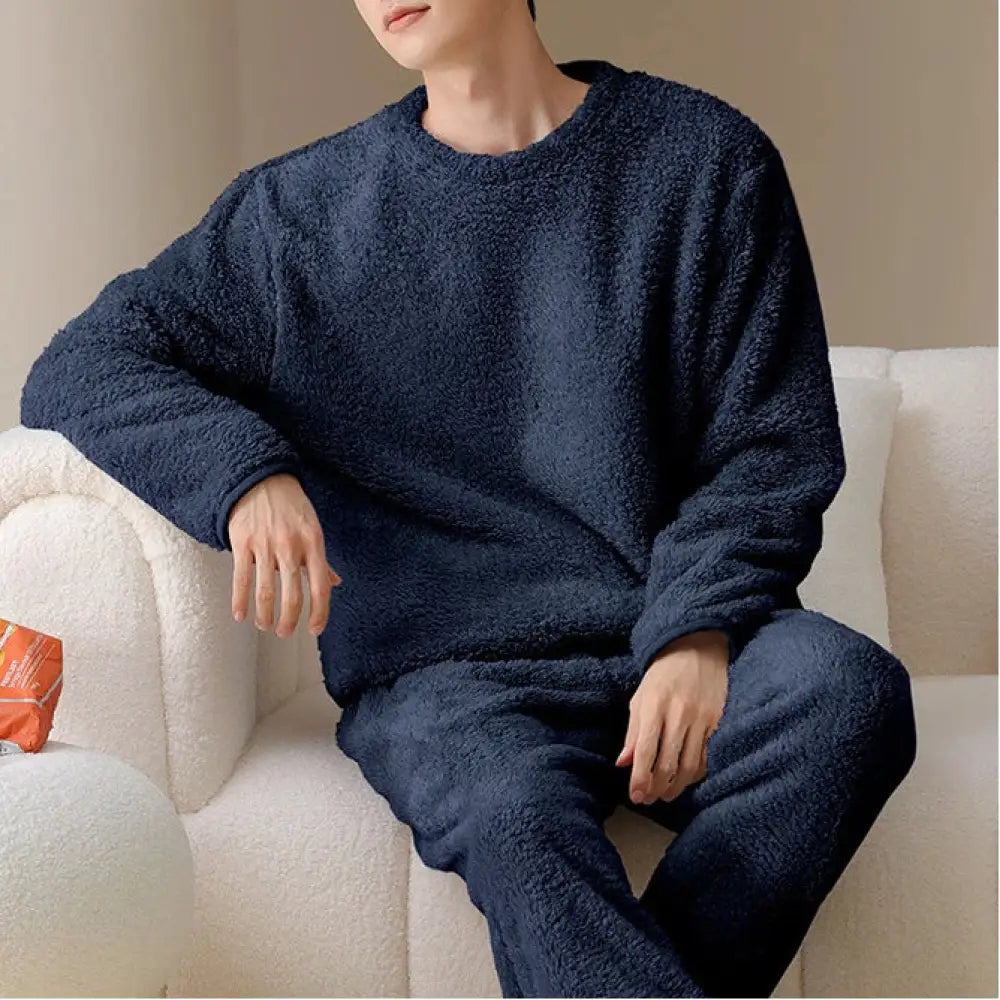 秋冬用 メンズ コーラルフリース 保温 厚手 フリース カジュアル セットアップ ロングパイル メンズ ルームウェア ID3507 ネイビー / L