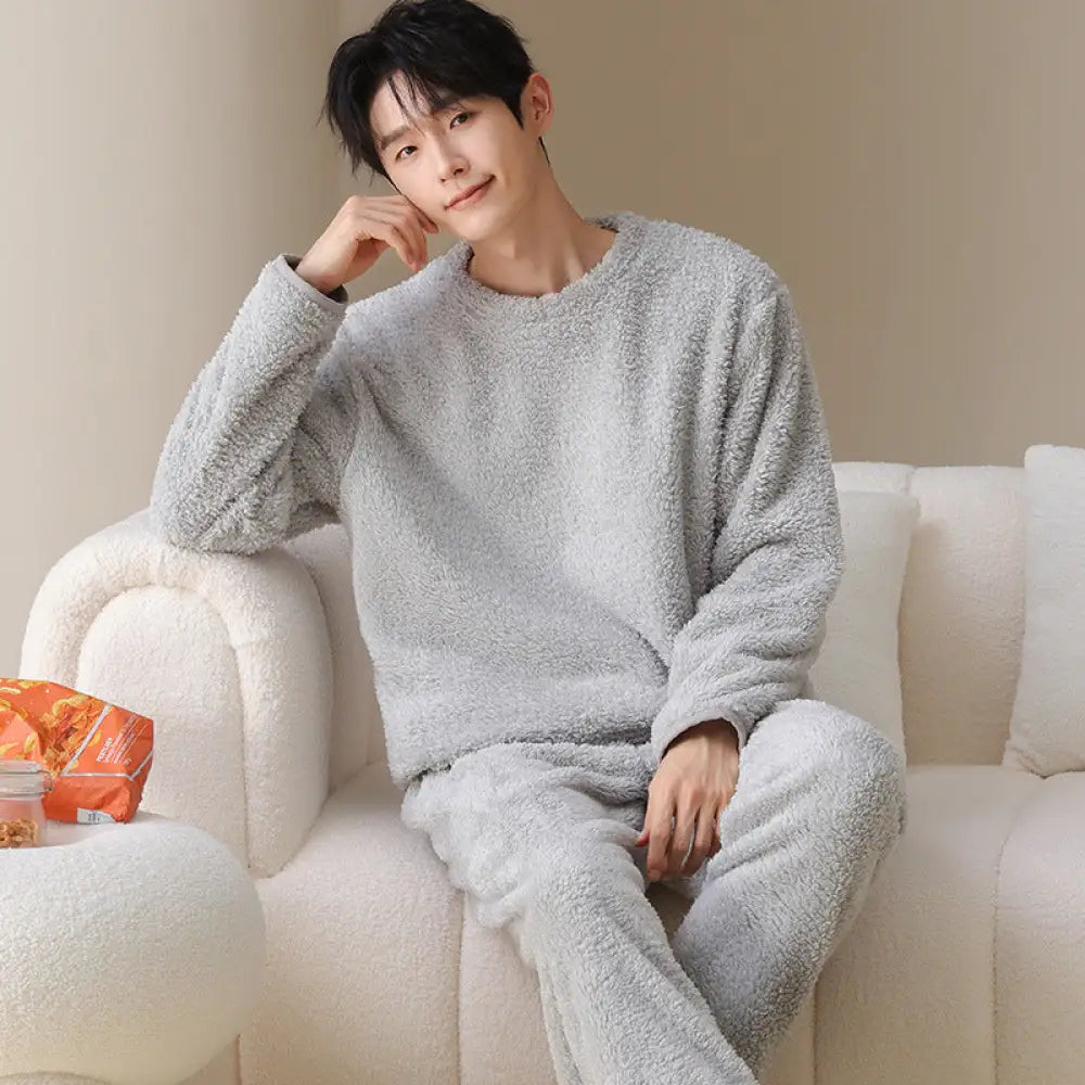 秋冬用 メンズ コーラルフリース 保温 厚手 フリース カジュアル セットアップ ロングパイル メンズ ルームウェア ID3507 ライトグレー / L