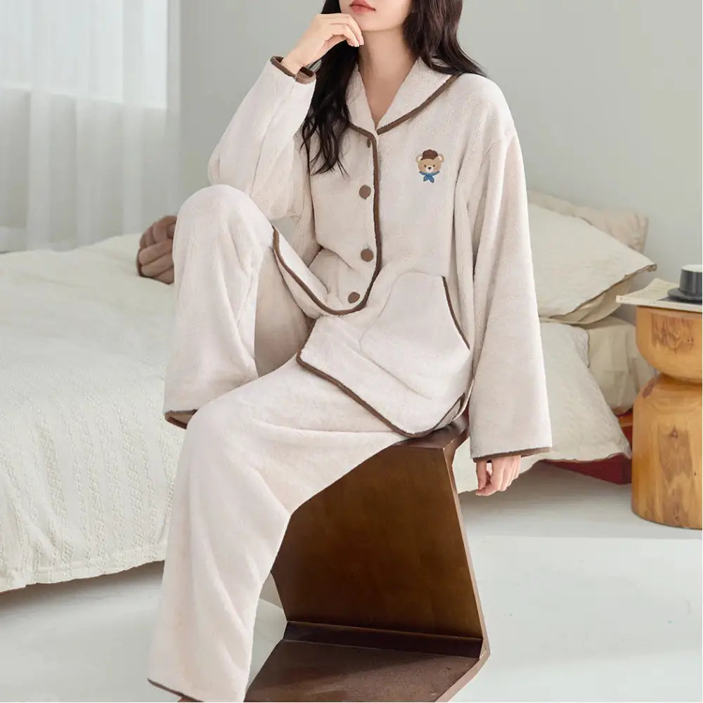 秋冬用 男女兼用 パジャマ 裏起毛 厚手 コーラルフリース 新作 フランネル カジュアル ルームウェア セット かわいい 可愛い 暖かい あったか 長袖 部屋着 ふわもこ モコモコ クリスマスプレゼント ID3570 アプリコット / M