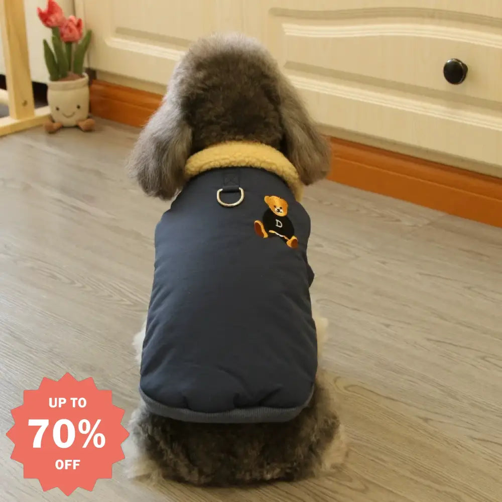秋冬用 ペットウェア 厚手 無地 小熊デザイン 保温 コットンジャケット テディ ベア ビション 小型犬 冬用 ID3164 ネイビー / S ペット用品＞ウェア