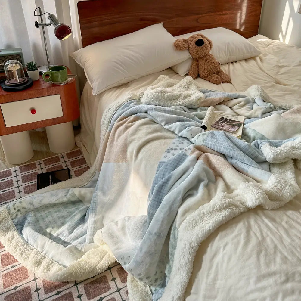 秋冬用 レトロ チェック柄 フラワー デザイン 厚手 毛布 ソファブランケット オフィス 昼寝用 保温ブランケット ID3454 タイプ② / 80*120cm