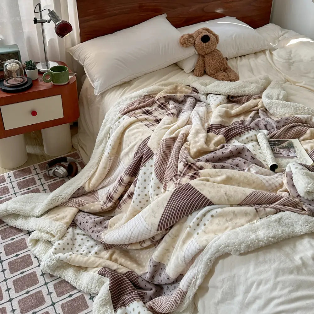 秋冬用 レトロ チェック柄 フラワー デザイン 厚手 毛布 ソファブランケット オフィス 昼寝用 保温ブランケット ID3454 タイプ③ / 80*120cm