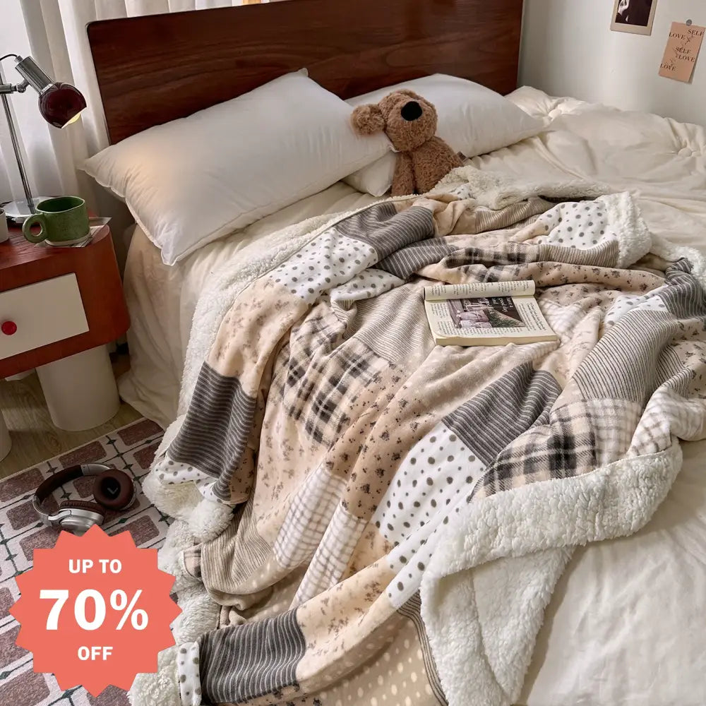 秋冬用 レトロ チェック柄 フラワー デザイン 厚手 毛布 ソファブランケット オフィス 昼寝用 保温ブランケット ID3454 タイプ① / 80*120cm