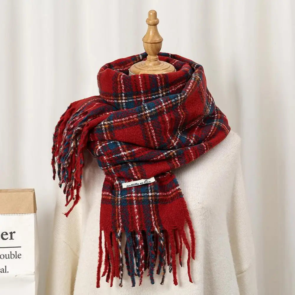 秋冬用 レトロ インフルエンサー スタイル 保温 ニット スヌード クリスマス 雰囲気 レッド チェック スカーフ レディース ID2878 レッド / 206*62cm