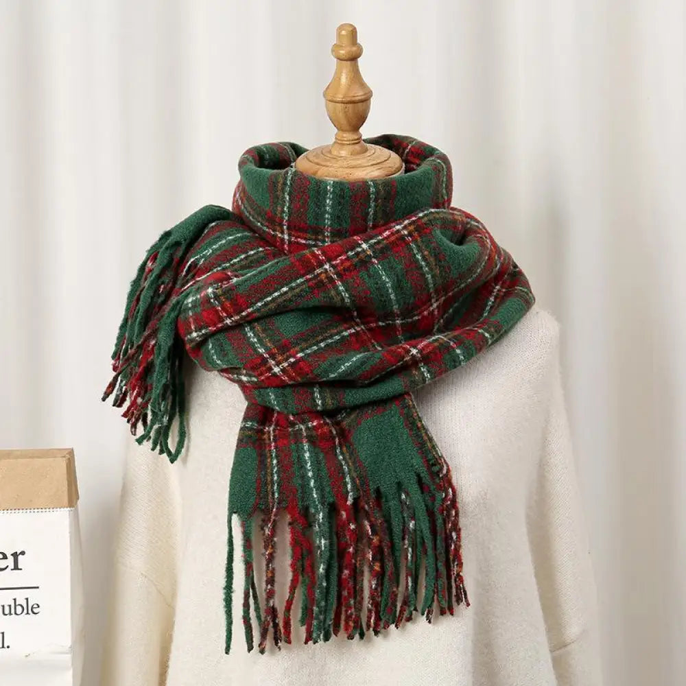 秋冬用 レトロ インフルエンサー スタイル 保温 ニット スヌード クリスマス 雰囲気 レッド チェック スカーフ レディース ID2878 グリーン / 206*62cm
