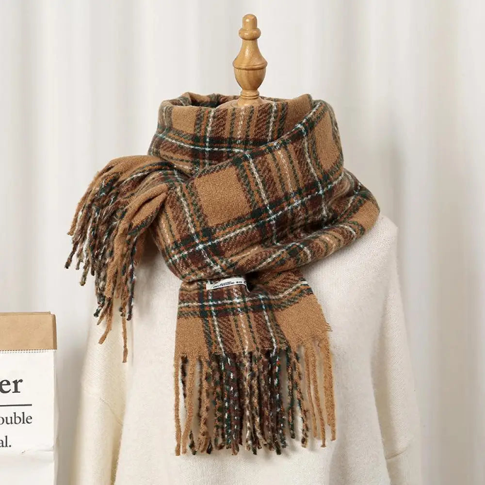 秋冬用 レトロ インフルエンサー スタイル 保温 ニット スヌード クリスマス 雰囲気 レッド チェック スカーフ レディース ID2878 イエロー / 206*62cm