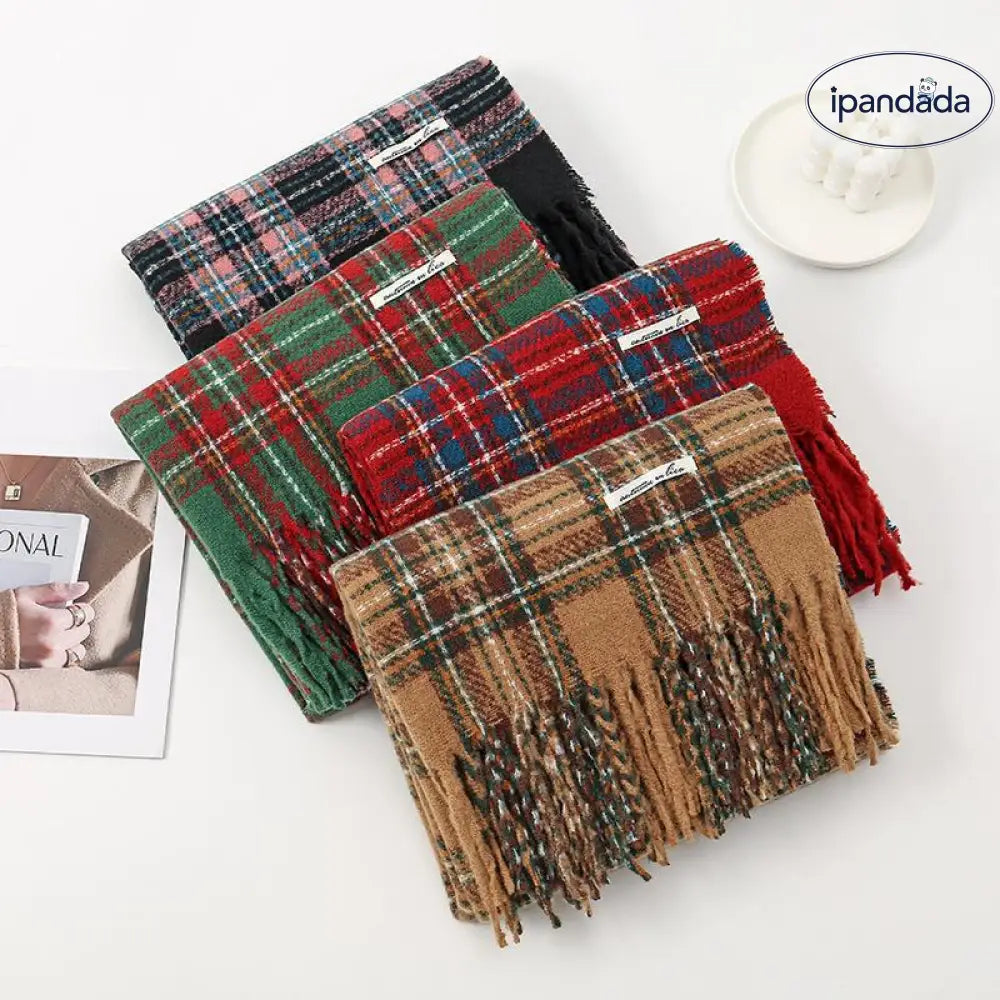 秋冬用 レトロ インフルエンサー スタイル 保温 ニット スヌード クリスマス 雰囲気 レッド チェック スカーフ レディース ID2878