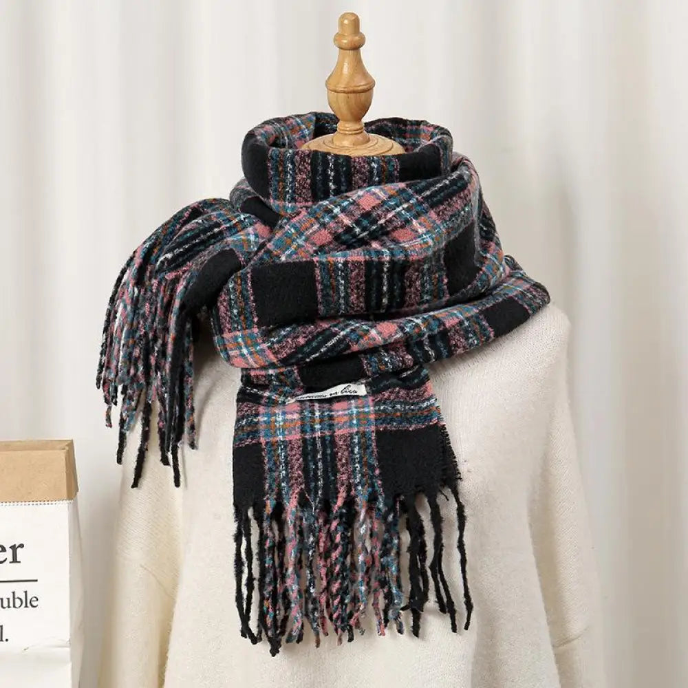 秋冬用 レトロ インフルエンサー スタイル 保温 ニット スヌード クリスマス 雰囲気 レッド チェック スカーフ レディース ID2878 パープル / 206*62cm