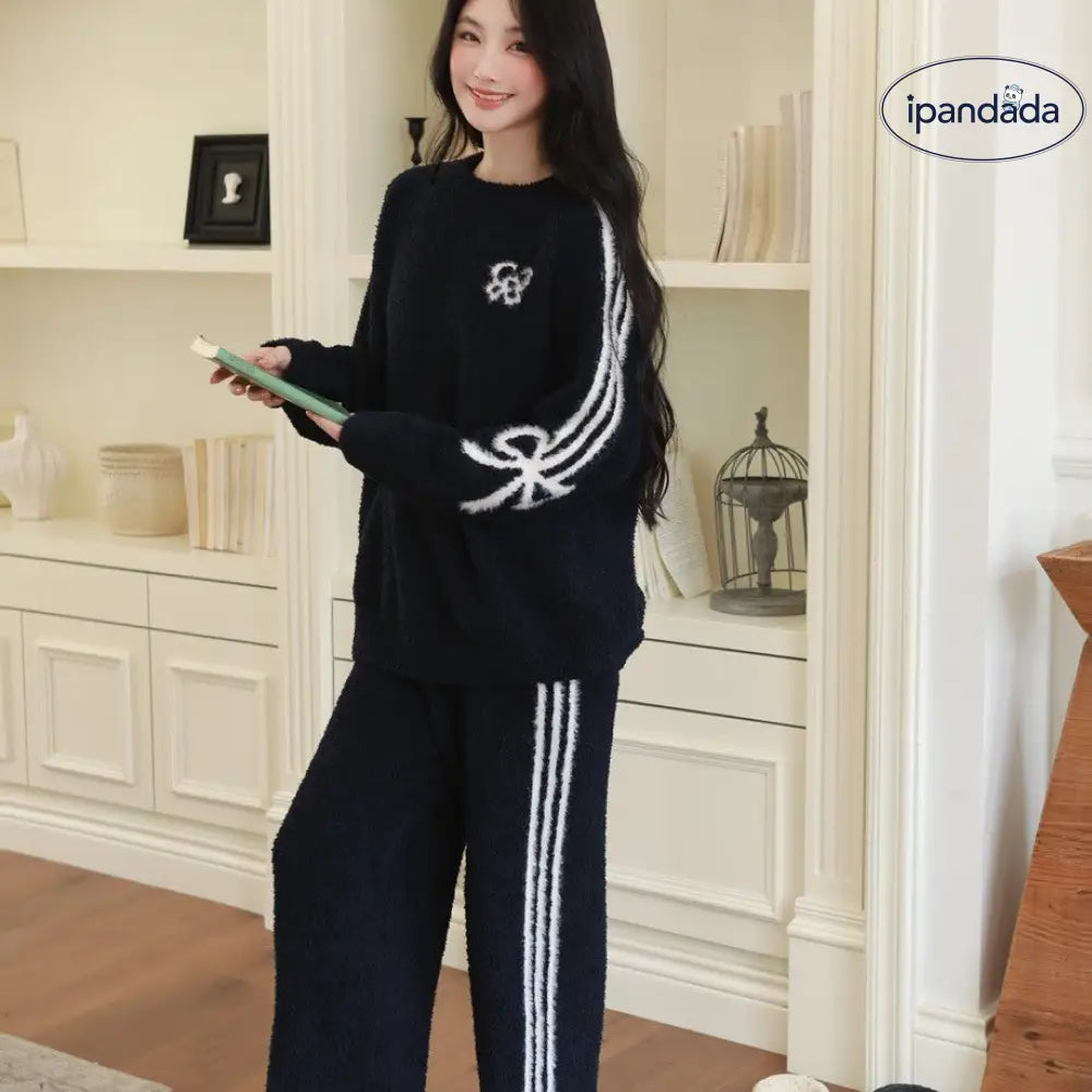 秋冬用 ソフト 長袖 部屋着 ふわふわ フリース 保温 快適 パジャマ ナイトウェア かわいい 可愛い 暖かい 女性用 秋冬用 厚手 長袖 長パンツ ID3703 ダークブルー / フリー レディース＞セットアップ