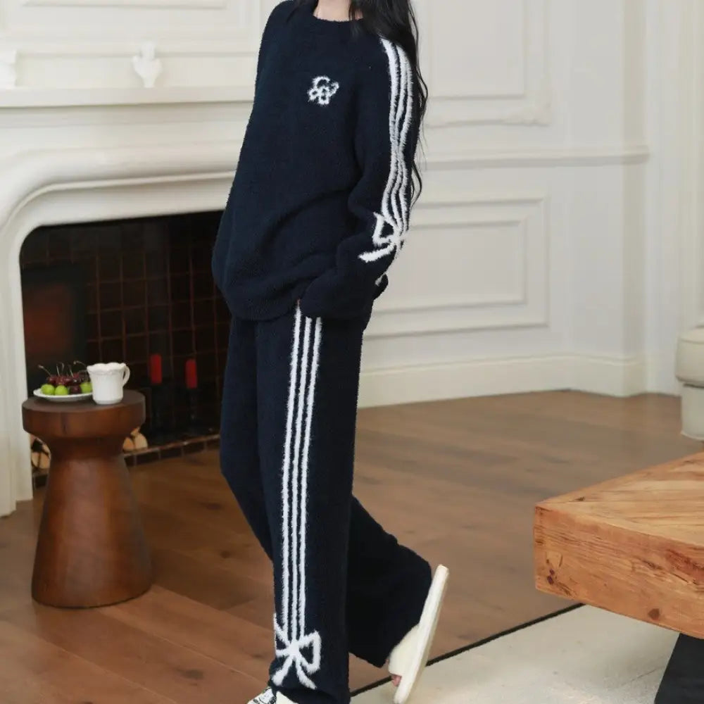 秋冬用 ソフト 長袖 部屋着 ふわふわ フリース 保温 快適 パジャマ ナイトウェア かわいい 可愛い 暖かい 女性用 秋冬用 厚手 長袖 長パンツ ID3703 ダークブルー / フリー レディース＞セットアップ