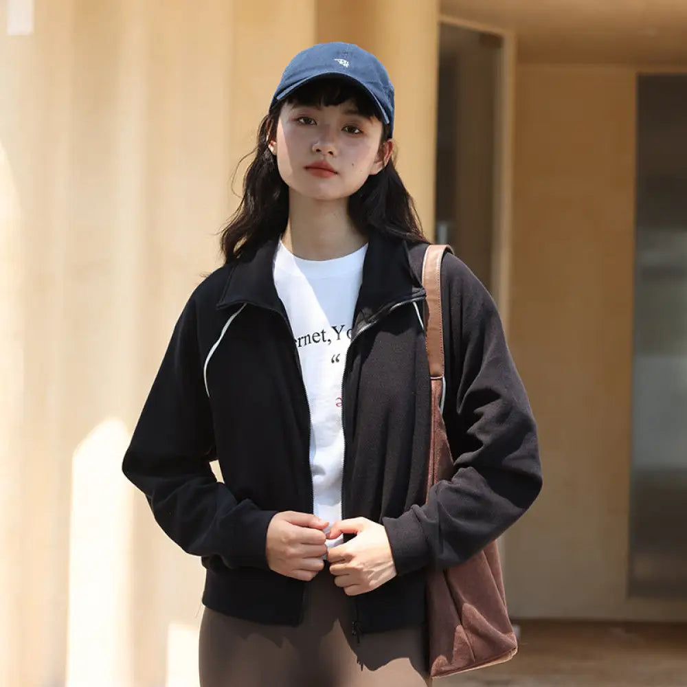 秋冬用 無地 長袖 スウェットシャツ レディース アウター アメリカン ショートカーディガン トップス バイカラーブレンドジャケット ID3796 ブラック / M