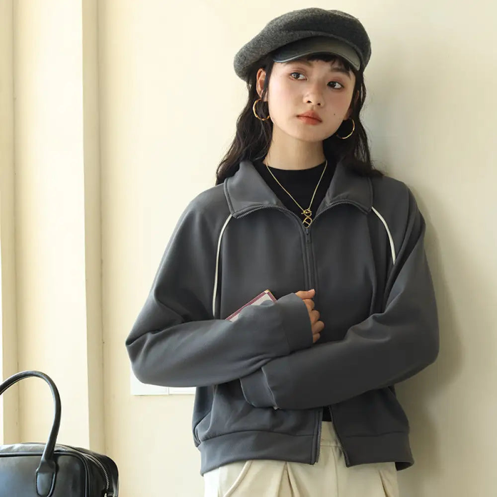 秋冬用 無地 長袖 スウェットシャツ レディース アウター アメリカン ショートカーディガン トップス バイカラーブレンドジャケット ID3796 ダークグレー / M