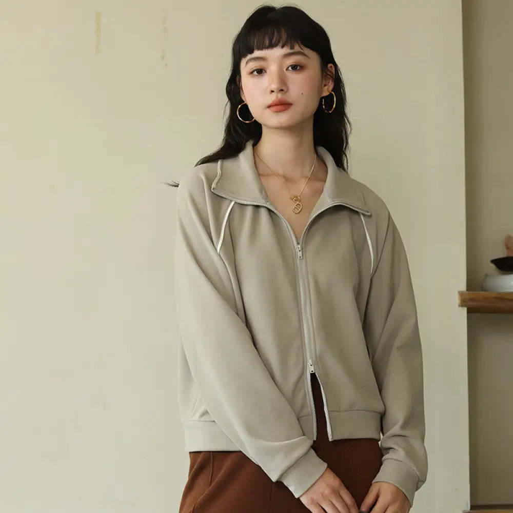 秋冬用 無地 長袖 スウェットシャツ レディース アウター アメリカン ショートカーディガン トップス バイカラーブレンドジャケット ID3796 グレーグリーン / M