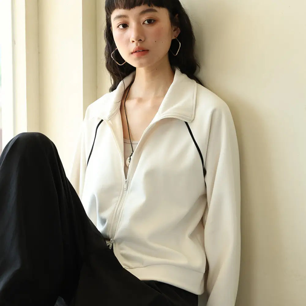 秋冬用 無地 長袖 スウェットシャツ レディース アウター アメリカン ショートカーディガン トップス バイカラーブレンドジャケット ID3796 ホワイト / M