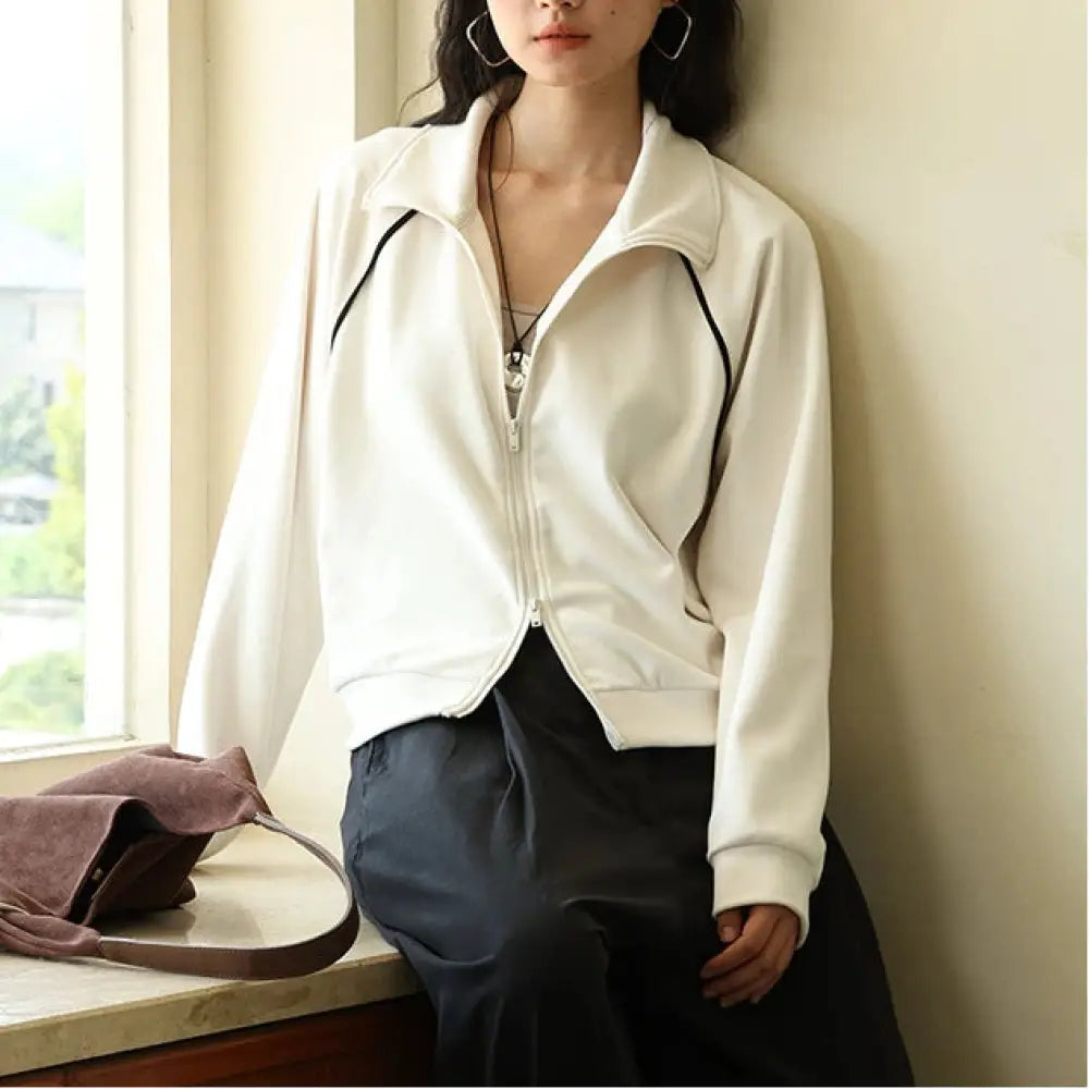 秋冬用 無地 長袖 スウェットシャツ レディース アウター アメリカン ショートカーディガン トップス バイカラーブレンドジャケット ID3796