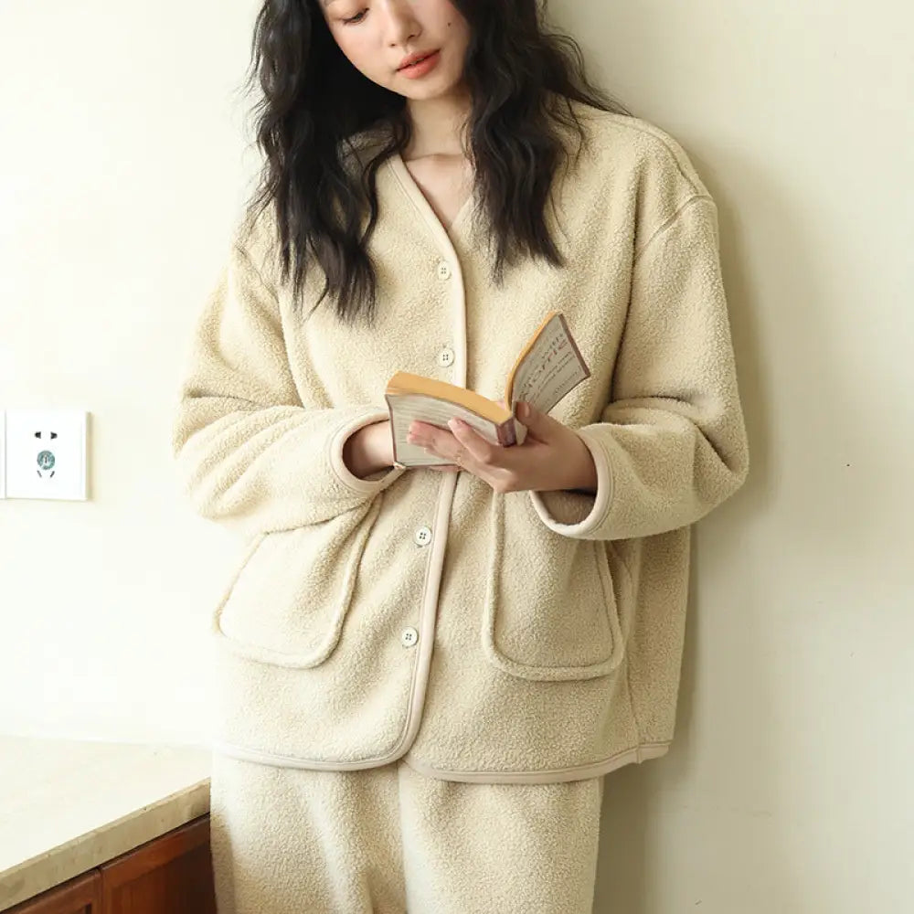 秋冬用 新作 ボタン付 レディース 無地 フリース カーディガン パジャマ ゆったり ダブルフェイス フリース 保温 セットアップ ID3799 ベージュ / M