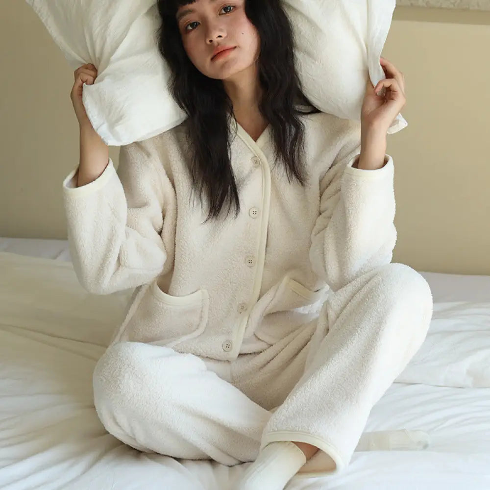 秋冬用 新作 ボタン付 レディース 無地 フリース カーディガン パジャマ ゆったり ダブルフェイス フリース 保温 セットアップ ID3799 ホワイト / M