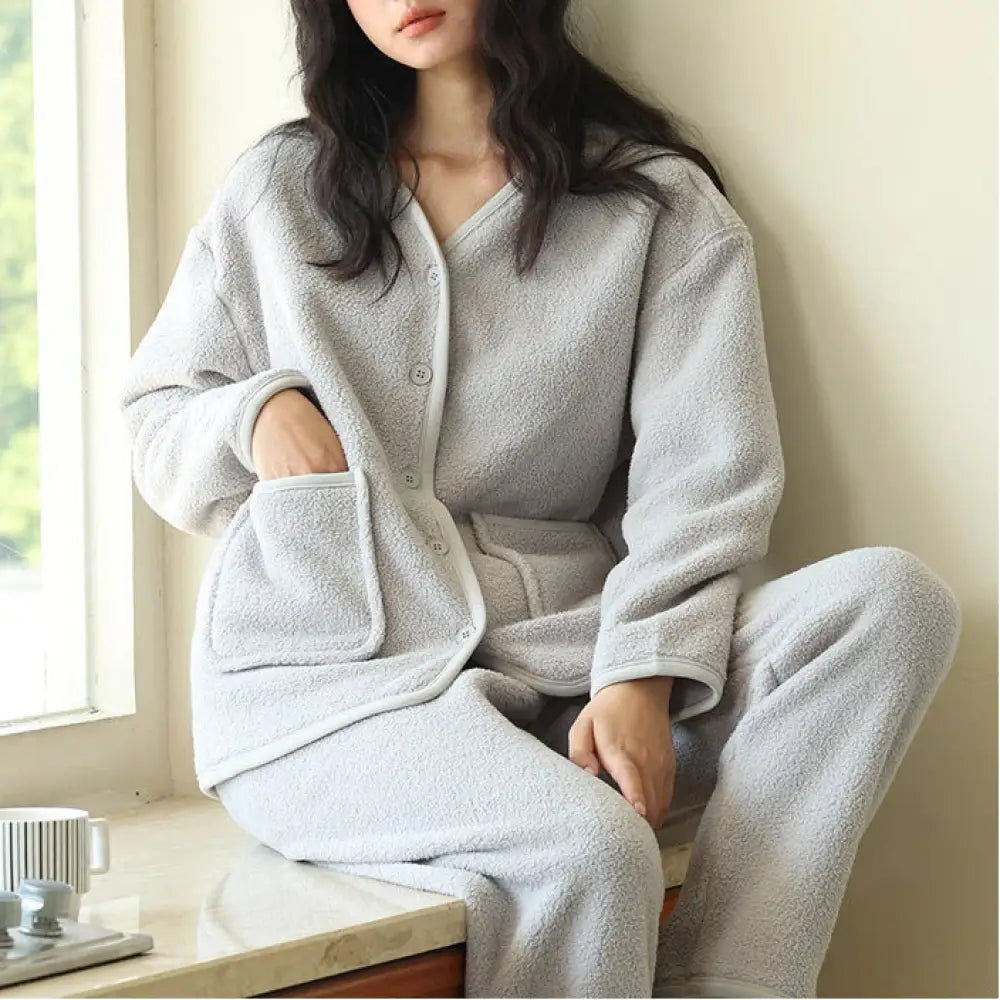 秋冬用 新作 ボタン付 レディース 無地 フリース カーディガン パジャマ ゆったり ダブルフェイス フリース 保温 セットアップ ID3799 ライトグレー / M