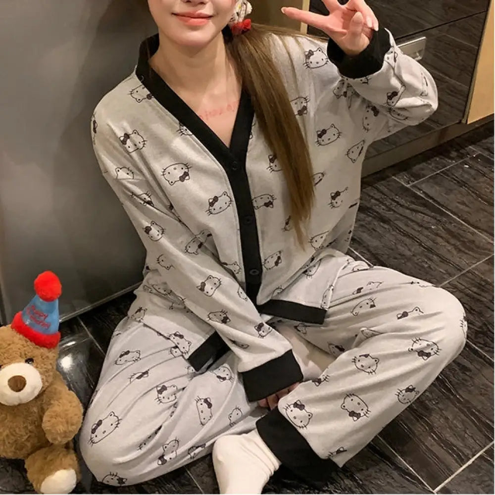 秋冬 長袖 デロン パジャマ レディース Vネック カーディガン 少女 プリント ルームウェア セット ID2685