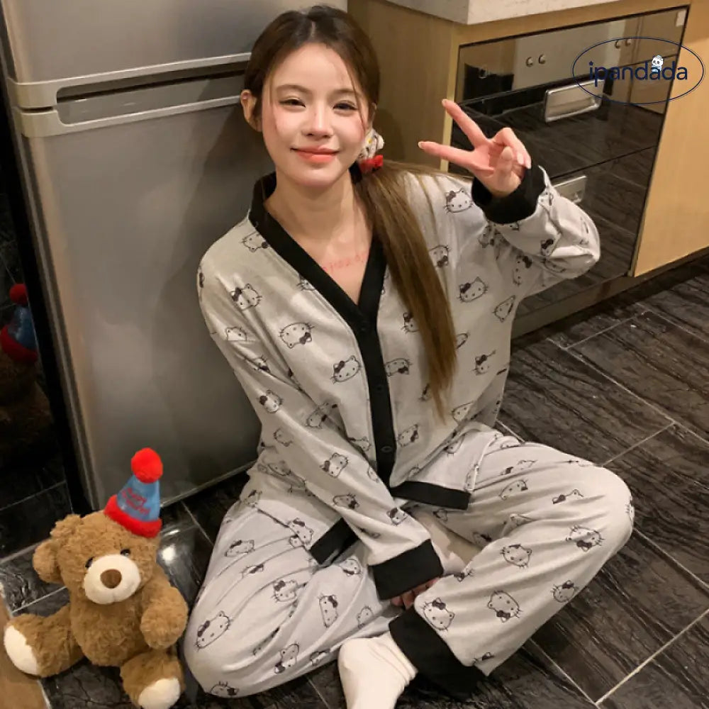 秋冬 長袖 デロン パジャマ レディース Vネック カーディガン 少女 プリント ルームウェア セット ID2685