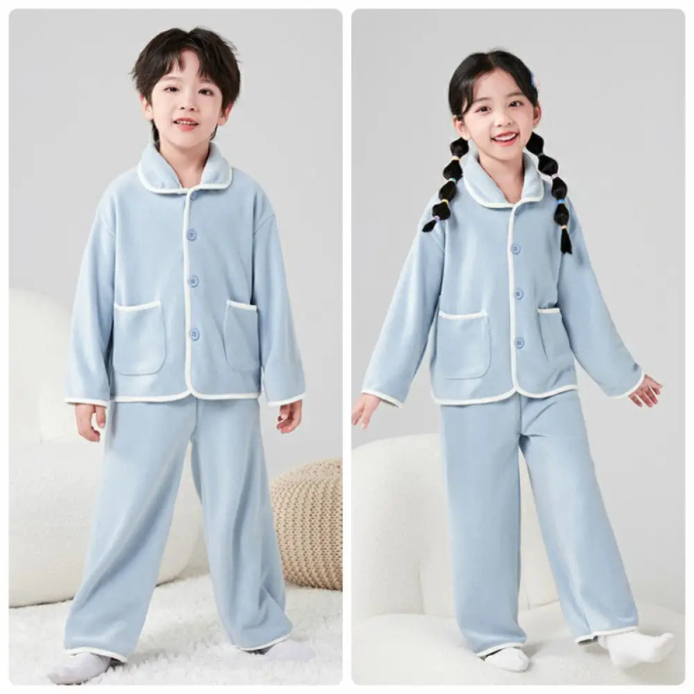 秋冬 子供 フリース おしゃれ パジャマセット 中小男女 子供用 保温 カーディガン パジャマズボン 2点セット ID2600 ブルー / 110cm