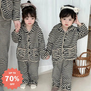 秋冬 子供 パジャマ 男の子 女の子 保温 フリース 親子 ルームウェア ベビー ストライプ フード付き パジャマ ID2957