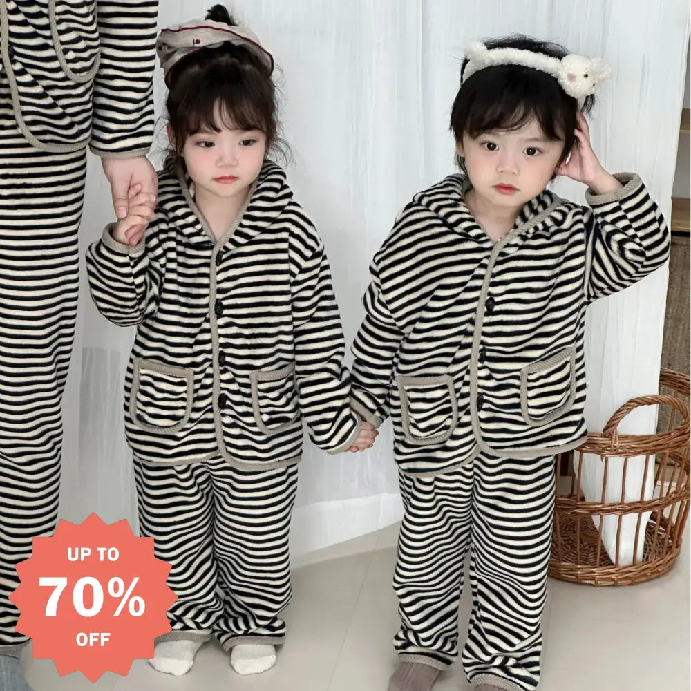 秋冬 子供 パジャマ 男の子 女の子 保温 フリース 親子 ルームウェア ベビー ストライプ フード付き パジャマ ID2957