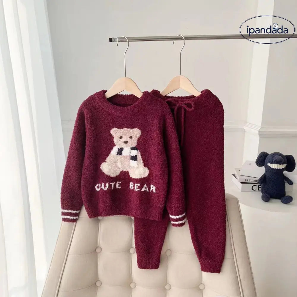 秋冬 子供 親子 クリスマス かわいい クマ ふわふわ 長袖 長ズボン パジャマ セット レード ID2988