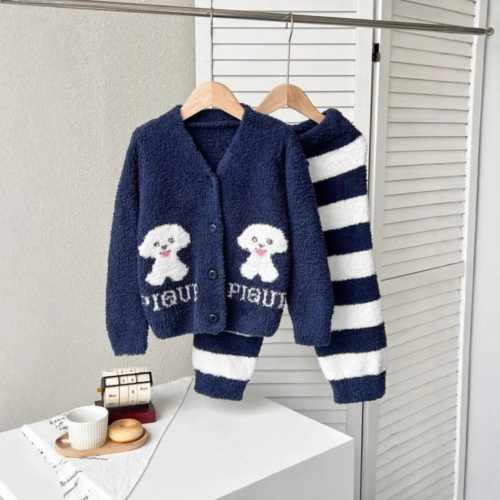 秋冬 子供用 カーディガン ふわふわ コアラ ビションフリーゼ 犬柄 ルームウェア パジャマ セット おしゃれ クリスマス ギフト ID3243 ネイビー / XS ベビー＆キッズ