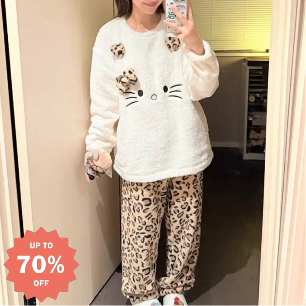 秋冬シーズン用 コーラルフリース カートゥーン 丸首 プルオーバー パジャマセット ヒョウ柄 ハローキティ猫 ID3221 写真通り / M