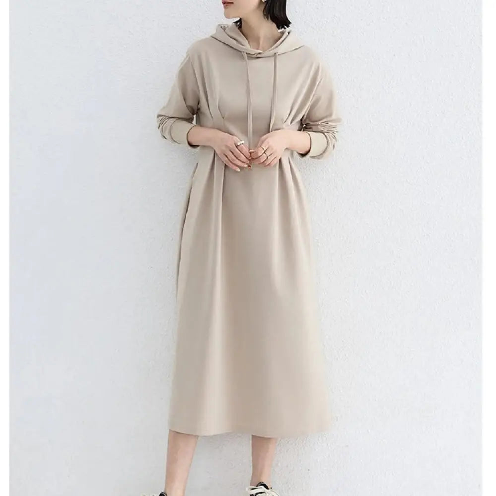 秋季 パーカー ワンピース 大きいサイズ スリム効果 ウエスト シェイプ カジュアル 無地 ロング ドレス レディース ワンピース ID2868 アプリコット / M