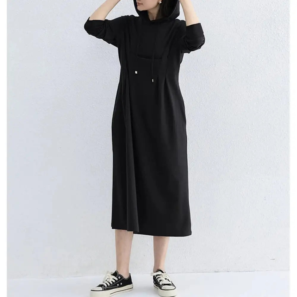 秋季 パーカー ワンピース 大きいサイズ スリム効果 ウエスト シェイプ カジュアル 無地 ロング ドレス レディース ワンピース ID2868 ブラック / M