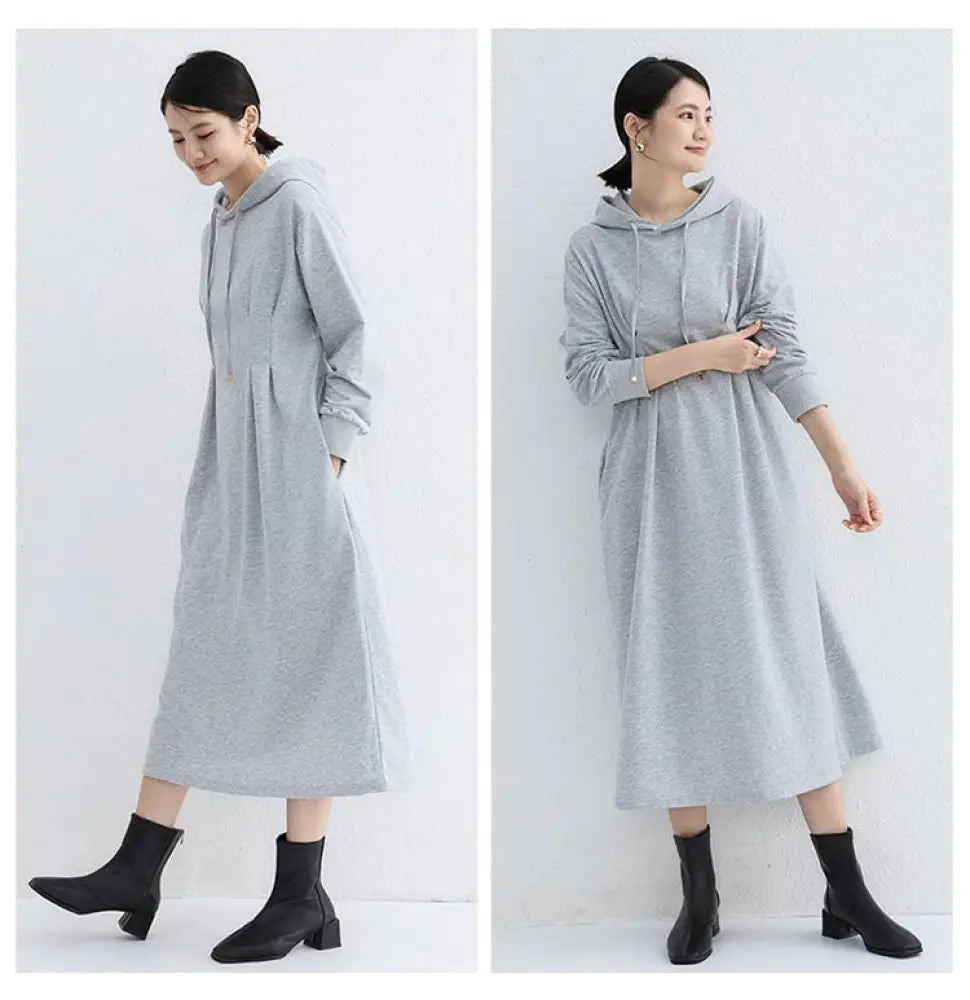 秋季 パーカー ワンピース 大きいサイズ スリム効果 ウエスト シェイプ カジュアル 無地 ロング ドレス レディース ワンピース ID2868 グレー / M