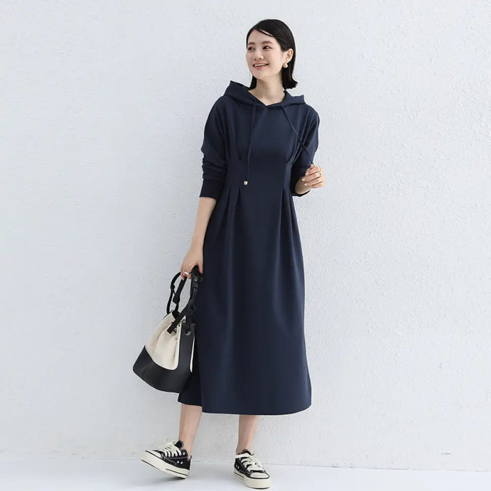 秋季 パーカー ワンピース 大きいサイズ スリム効果 ウエスト シェイプ カジュアル 無地 ロング ドレス レディース ワンピース ID2868 ネイビー / M