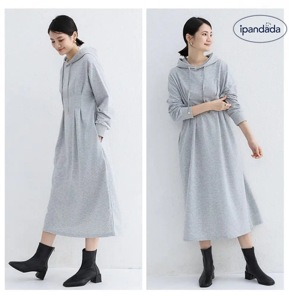 秋季 パーカー ワンピース 大きいサイズ スリム効果 ウエスト シェイプ カジュアル 無地 ロング ドレス レディース ワンピース ID2868