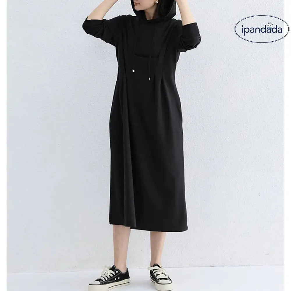 秋季 パーカー ワンピース 大きいサイズ スリム効果 ウエスト シェイプ カジュアル 無地 ロング ドレス レディース ワンピース ID2868