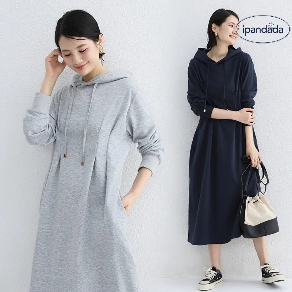 秋季 パーカー ワンピース 大きいサイズ スリム効果 ウエスト シェイプ カジュアル 無地 ロング ドレス レディース ワンピース ID2868