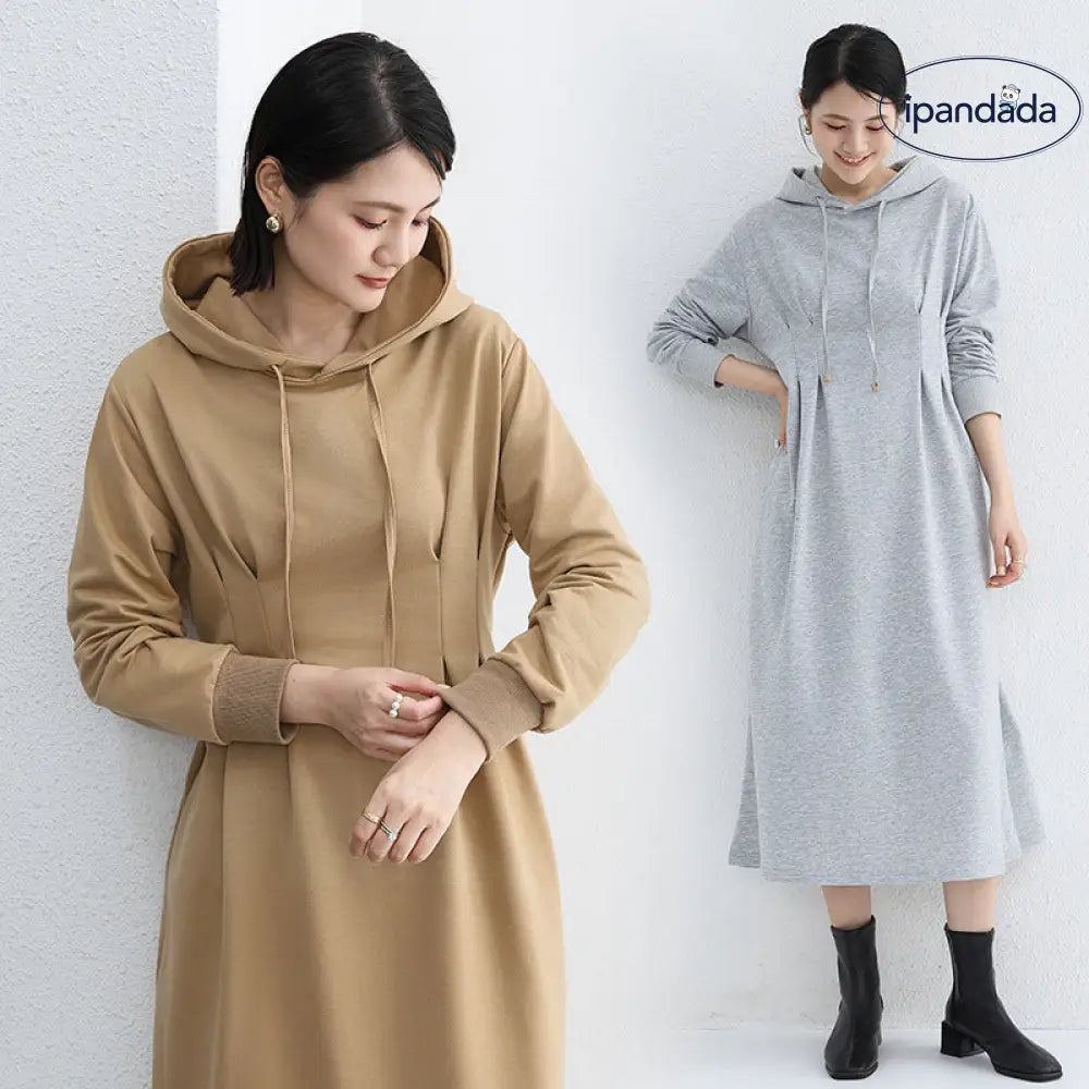 秋季 パーカー ワンピース 大きいサイズ スリム効果 ウエスト シェイプ カジュアル 無地 ロング ドレス レディース ワンピース ID2868