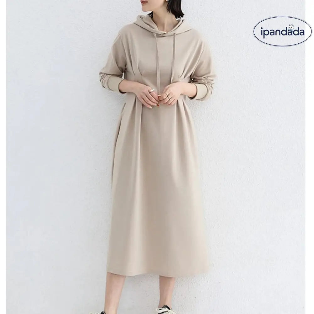 秋季 パーカー ワンピース 大きいサイズ スリム効果 ウエスト シェイプ カジュアル 無地 ロング ドレス レディース ワンピース ID2868