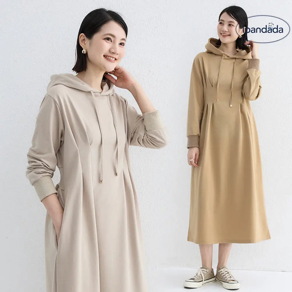 秋季 パーカー ワンピース 大きいサイズ スリム効果 ウエスト シェイプ カジュアル 無地 ロング ドレス レディース ワンピース ID2868