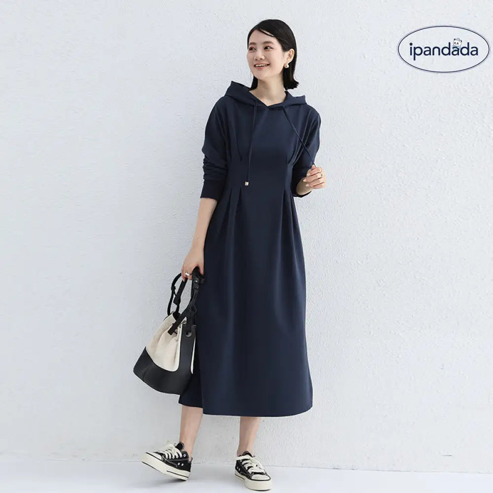 秋季 パーカー ワンピース 大きいサイズ スリム効果 ウエスト シェイプ カジュアル 無地 ロング ドレス レディース ワンピース ID2868