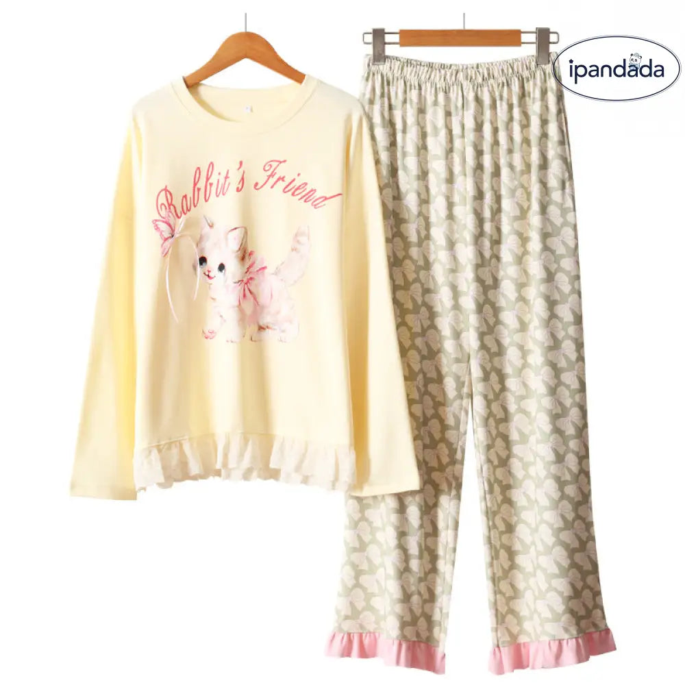 秋新作 猫＆蝶々 レースフリル パジャマセット 長袖トップス＆ワイドパンツ ゆったり 綿 ルームウェア ID1977