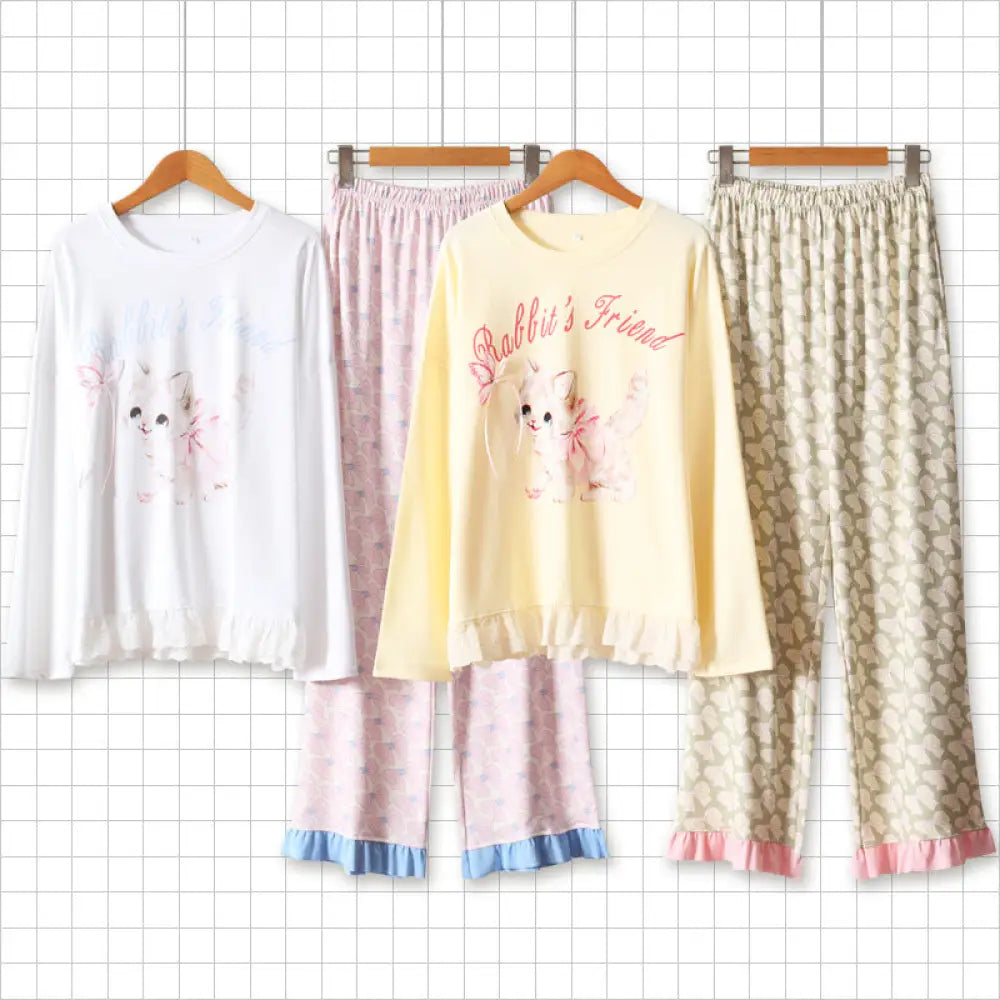 秋新作 猫＆蝶々 レースフリル パジャマセット 長袖トップス＆ワイドパンツ ゆったり 綿 ルームウェア ID1977