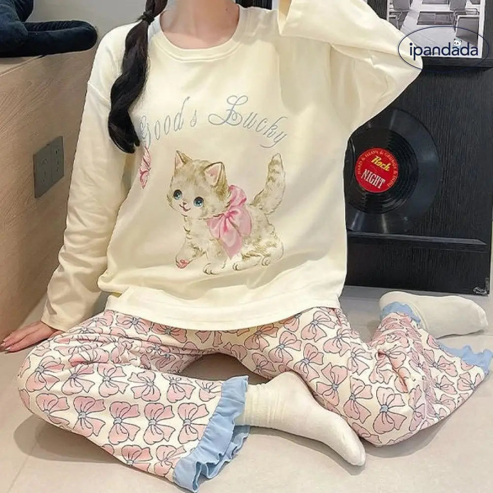 秋新作 猫＆蝶々 レースフリル パジャマセット 長袖トップス＆ワイドパンツ ゆったり 綿 ルームウェア ID1977