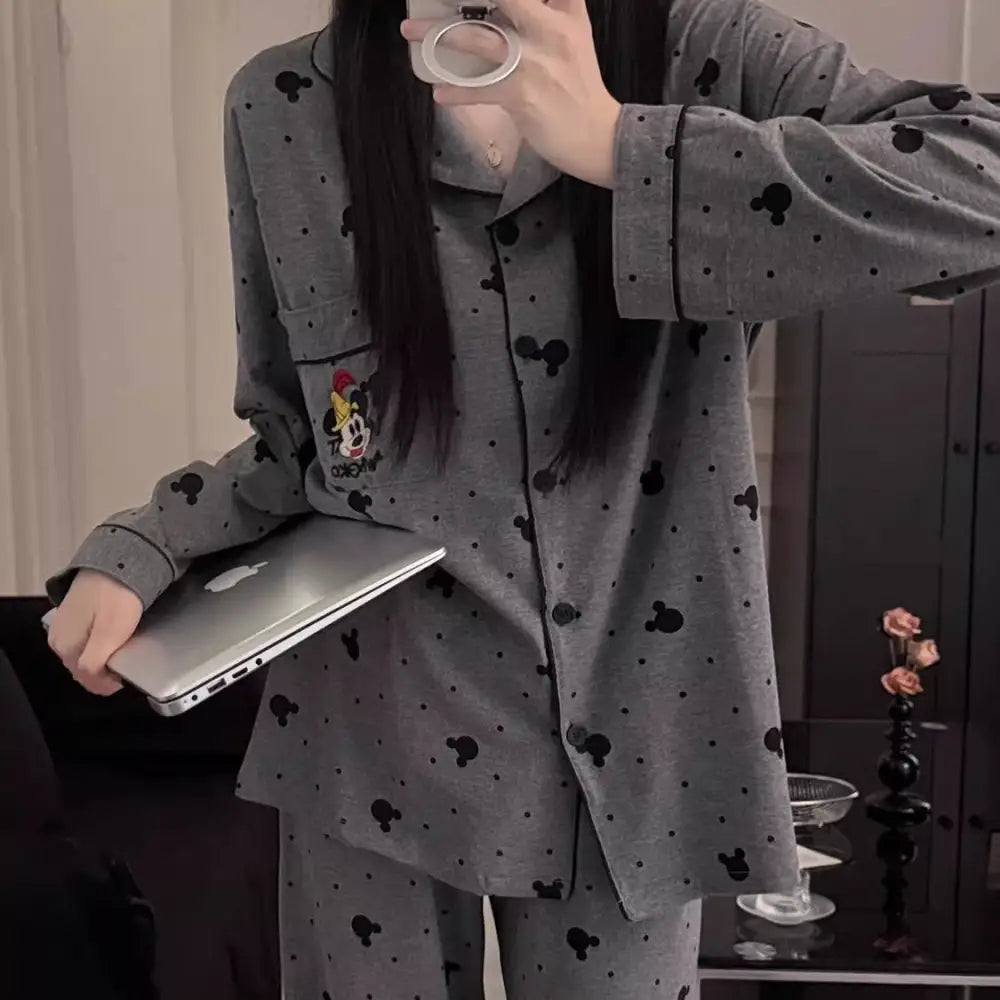 秋新作 パジャマ レディース 綿 長袖 長パンツ グレー カートゥーン ミッキー カップル カーディガン ルームウェア 春秋 セット ID4335
