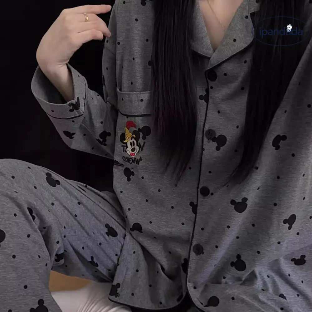 秋新作 パジャマ レディース 綿 長袖 長パンツ グレー カートゥーン ミッキー カップル カーディガン ルームウェア 春秋 セット ID4335