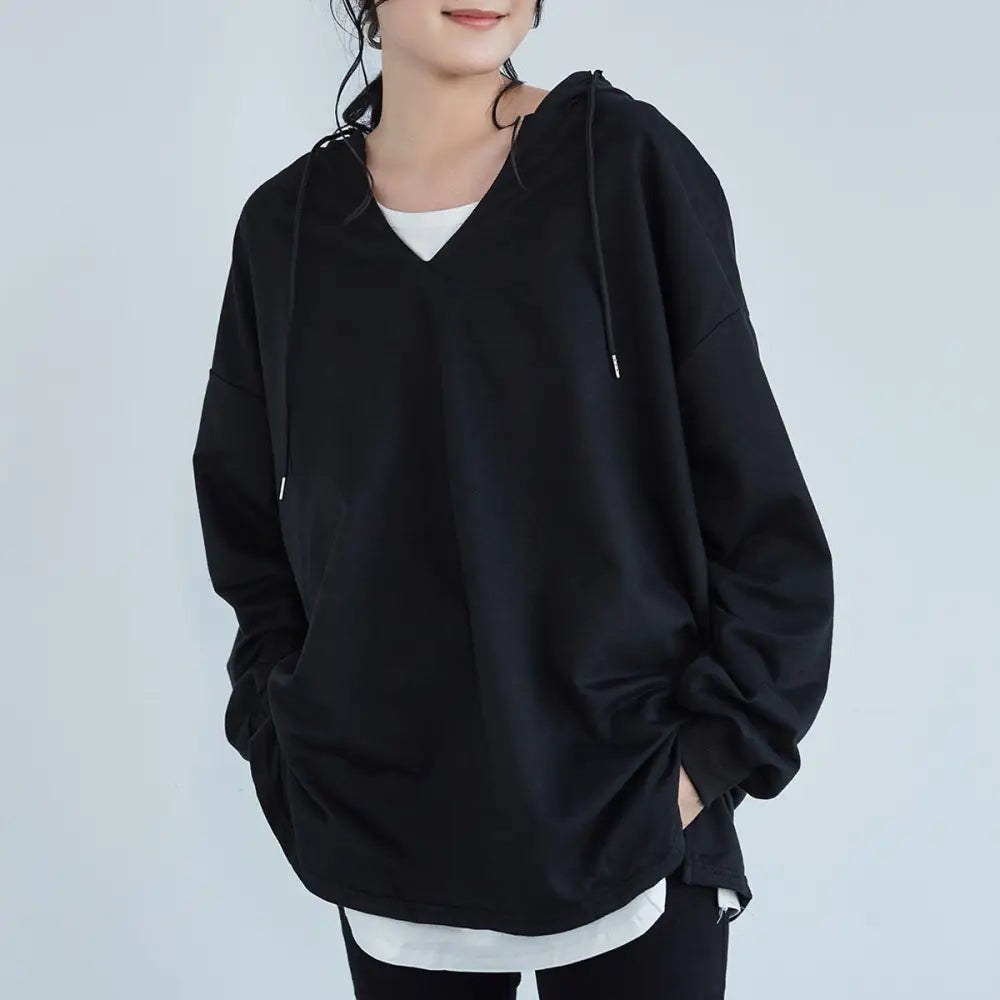 秋 新作 レディース トップス 韓国風 カジュアル ゆったり Vネック スリット フード付き スウェット ID2498 ブラック / M
